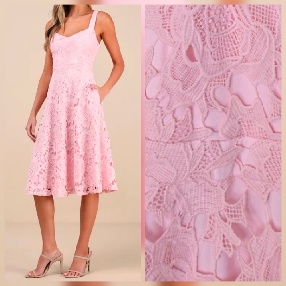 Lulus Divine Beauty Blush Pink Lace Midi Dress With Pockets, Size Large NWT